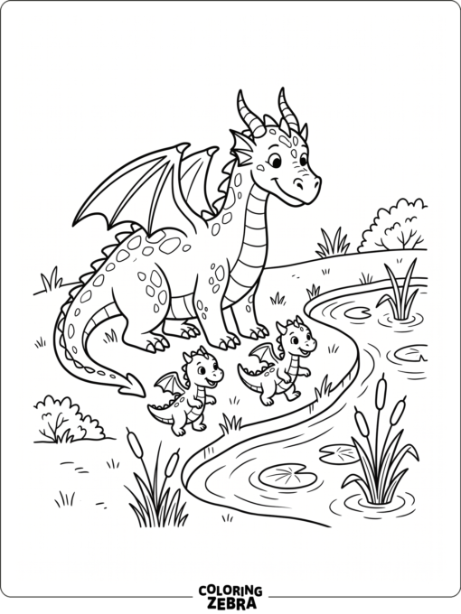 A dragon family with two hatchlings near a pond