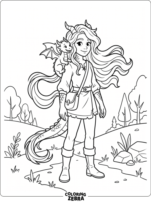A dragon girl with flowing hair and a tiny dragon