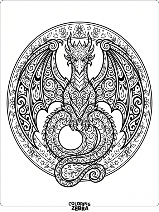 A symmetrical dragon mandala with swirling details