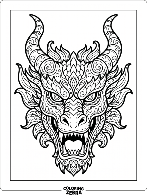A dragon mask with horns and decorative patterns