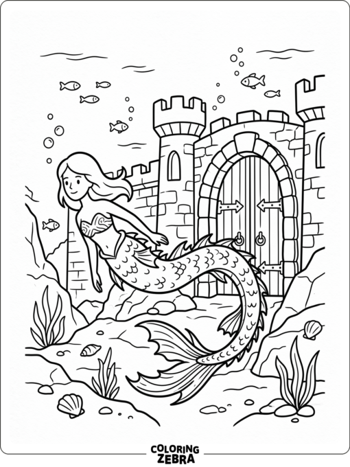 A dragon mermaid swimming near an underwater castle