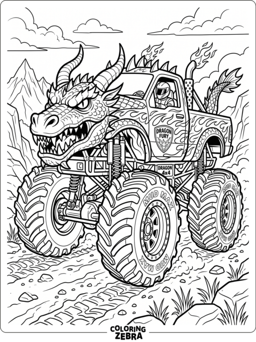 Dragon monster truck with horns and flame designs
