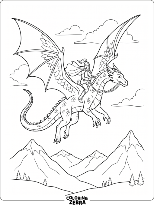 A rider flying on a winged dragon above mountains