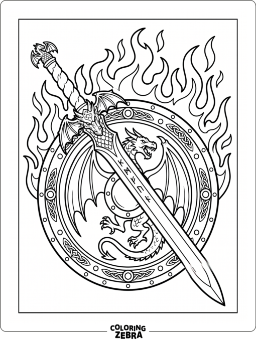 A dragon-themed sword resting across a shield