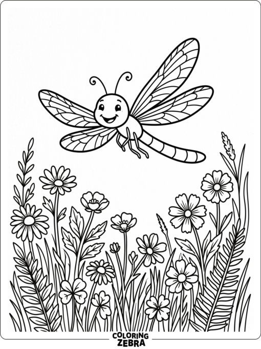 A cute dragonfly flying above flowers