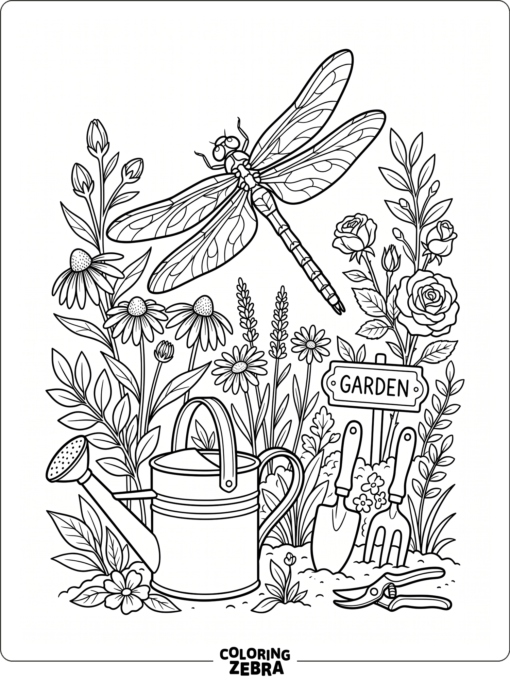 A dragonfly over a garden with flowers and tools