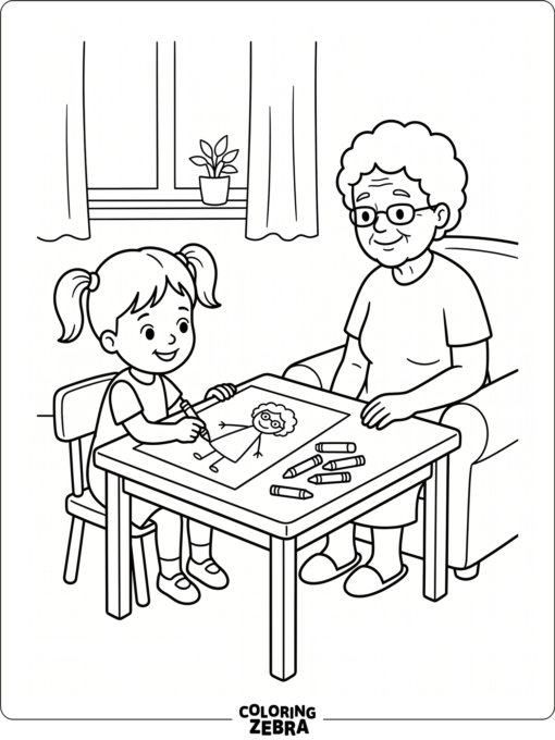 Child draws a portrait of grandma at a table with crayons