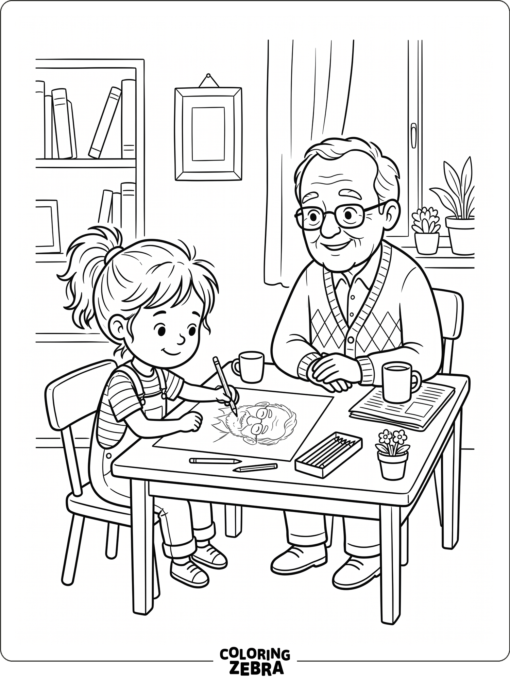 Child sketches a portrait of grandpa with a pencil