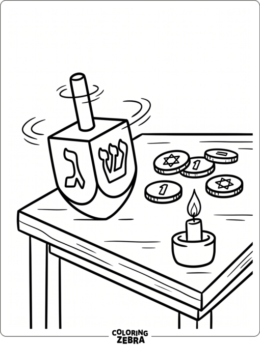 A dreidel spinning on a table with coins