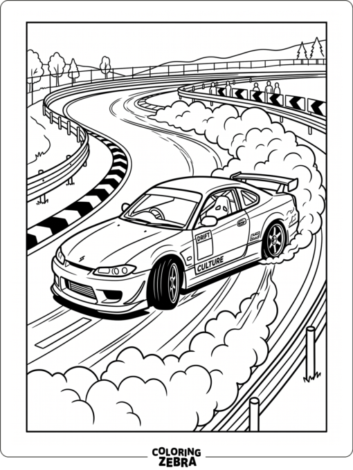 A drifting car with smoke on a curved track