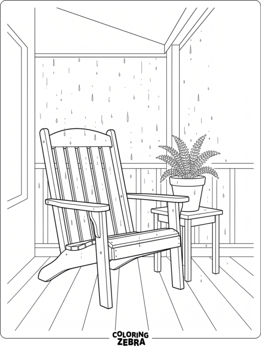 Light drizzle falls around a porch chair and plant