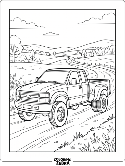 A dually truck with twin rear wheels on a country road