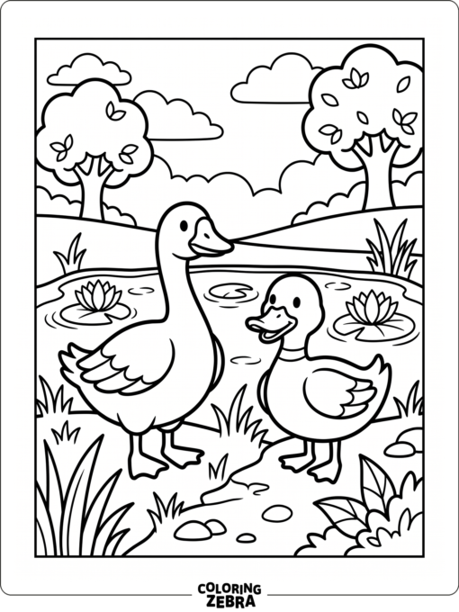 A duck and goose standing together near a pond