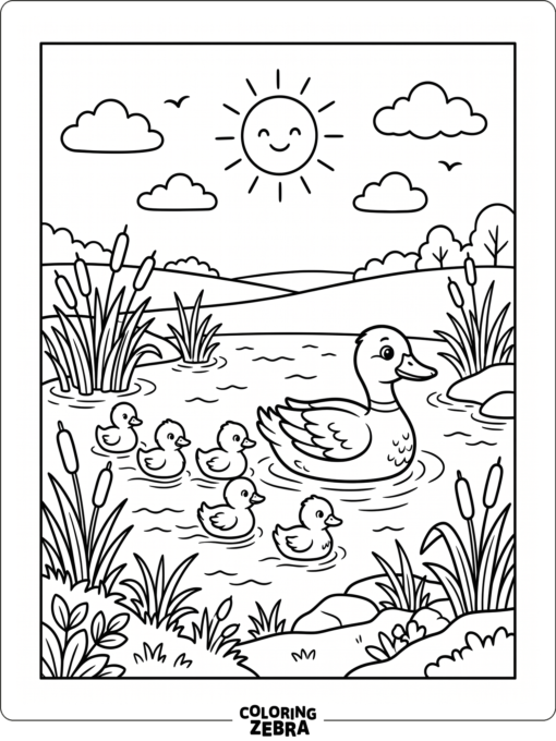 A mother duck with ducklings in a pond