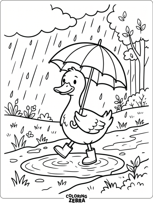 A duck holding an umbrella in the rain