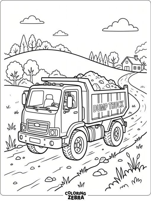 A dump truck driving along a road