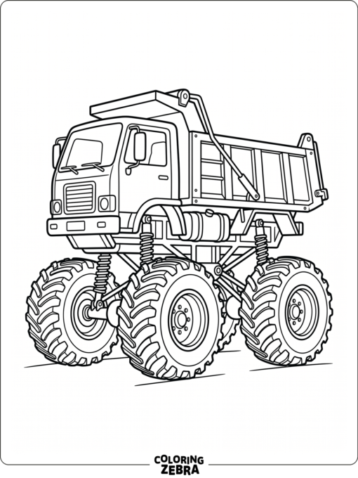 A dump truck built on monster truck wheels
