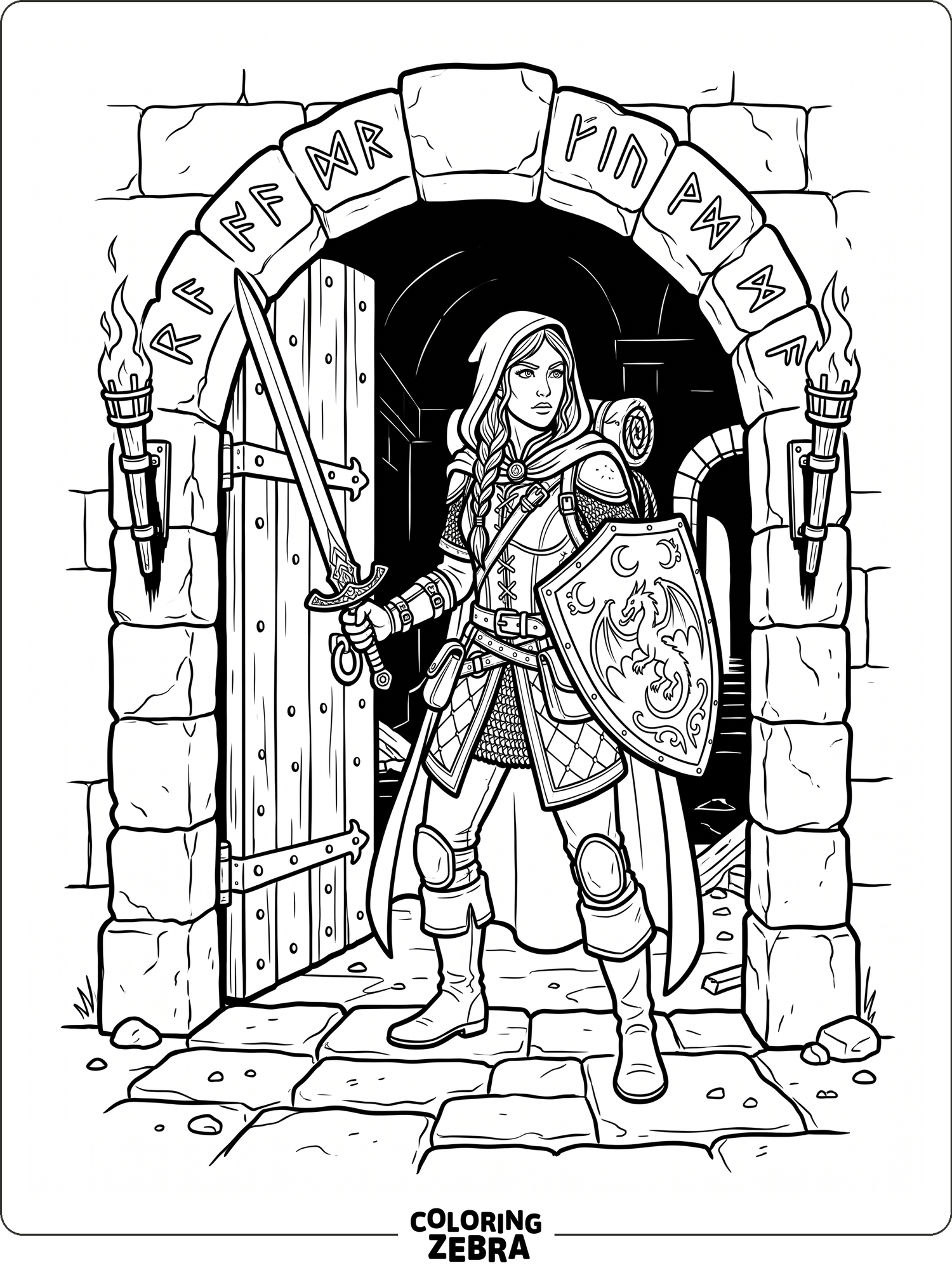 Adventurer with sword and shield near a dungeon door