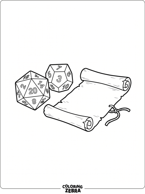 Polyhedral dice beside a parchment scroll