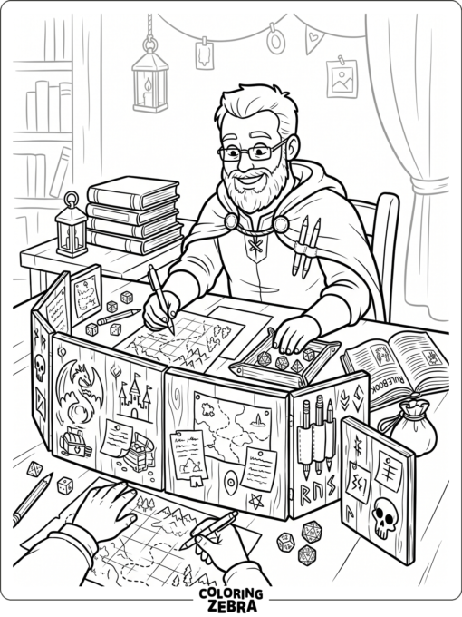 Dungeon master at a table with maps and dice