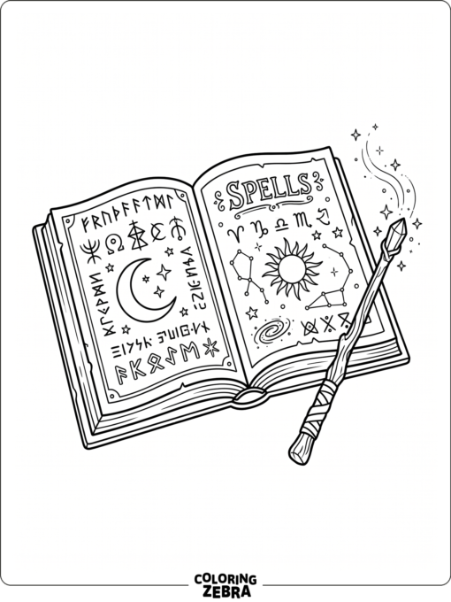 Spellbook with stars, runes, and a wand