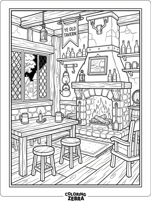 Fantasy tavern with mugs and a fireplace