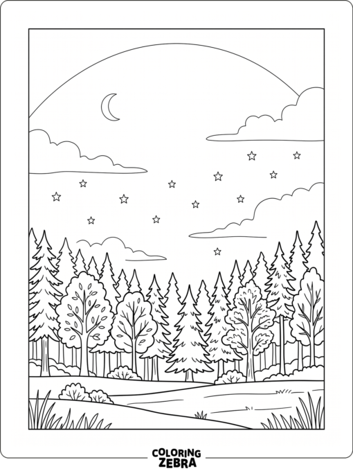 A dusk sky with trees and the first stars