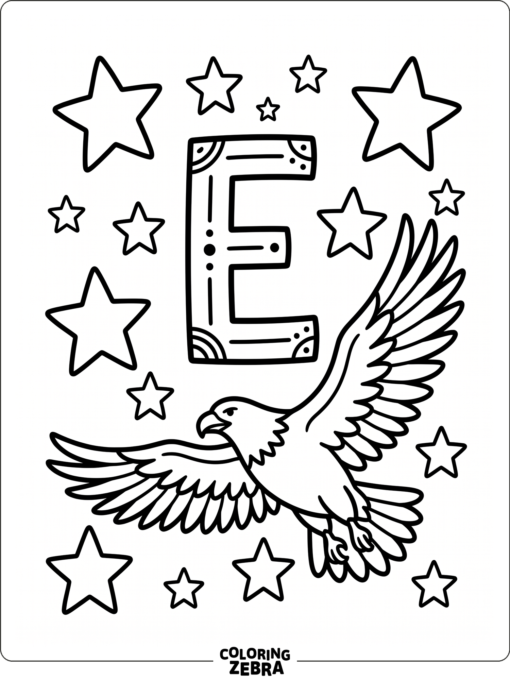 The letter E with a simple eagle and stars