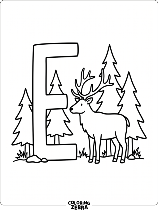 An elk beside a large letter E