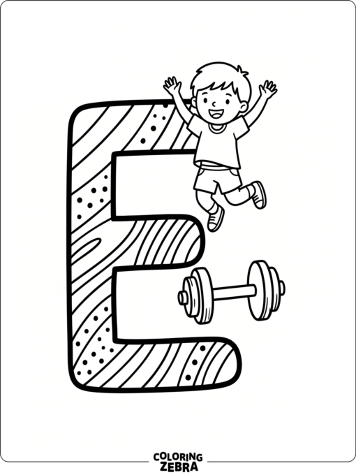 A letter E with a child doing exercise