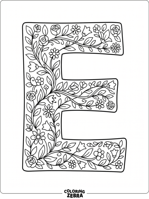 A floral letter E with flowers and vines