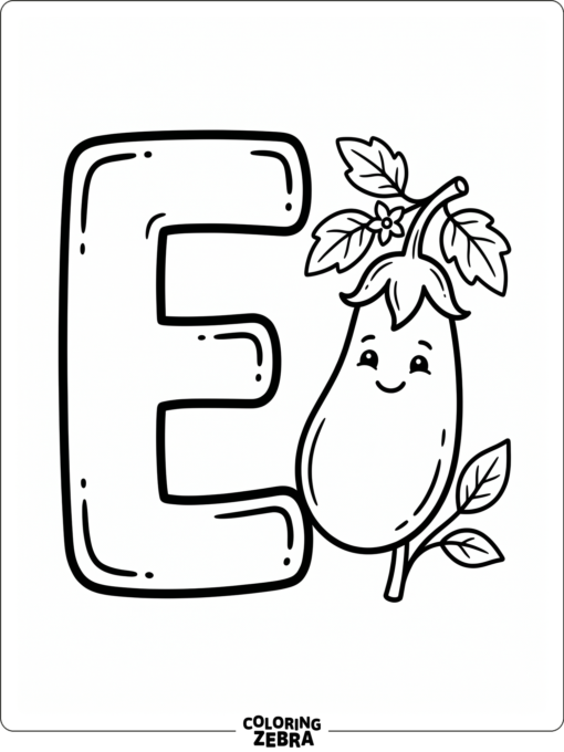 A big letter E with an eggplant and leaves