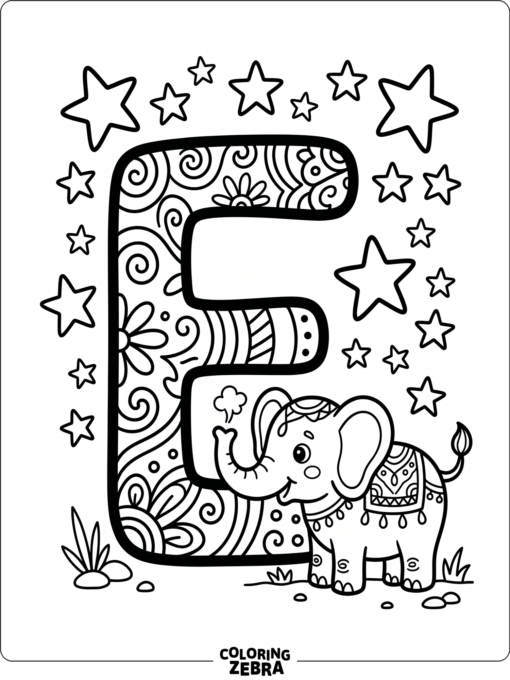 The letter E with a small elephant