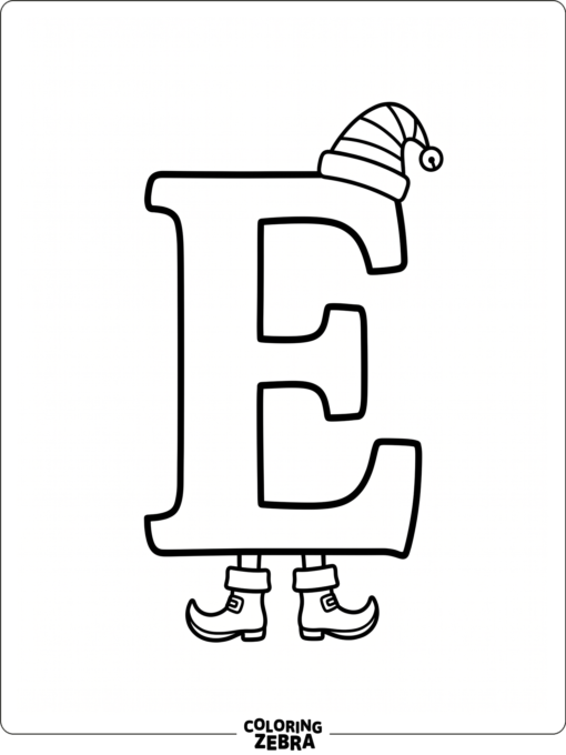 A letter E decorated with a playful elf