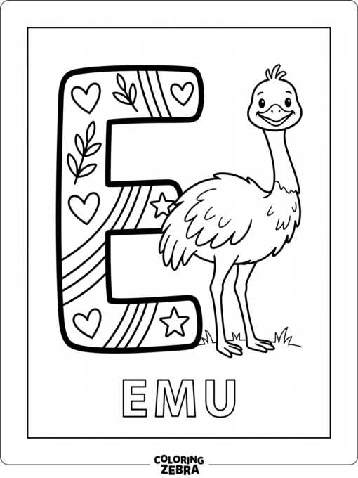 A letter E with a tall emu beside it