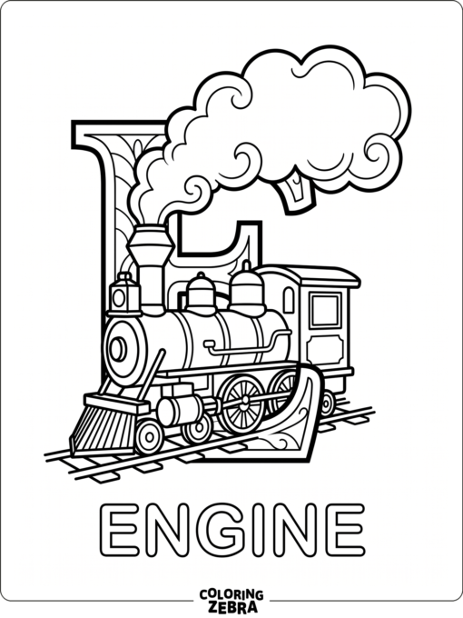 A letter E with a train engine and steam