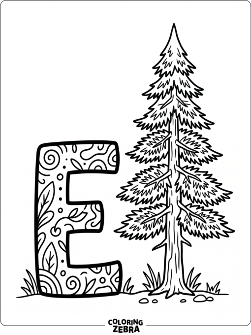 A letter E beside an evergreen tree