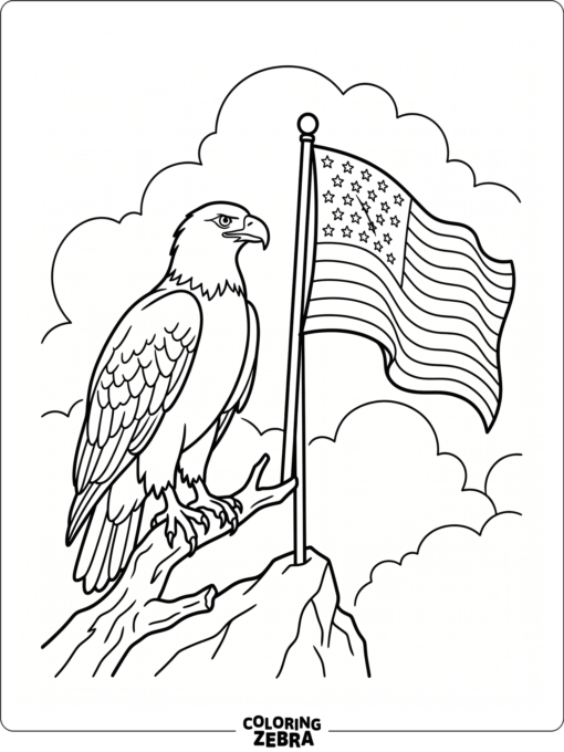 An eagle perched beside a waving flag