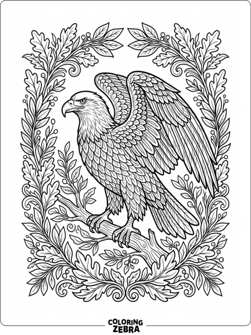 An eagle with detailed feathers and leaves