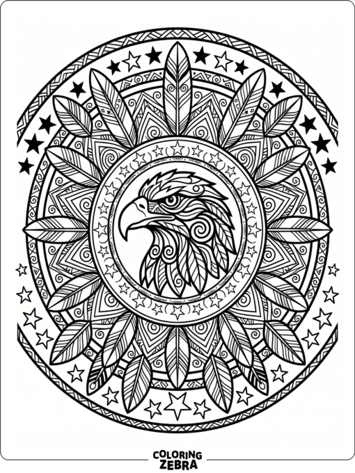 An eagle head inside a feathered mandala