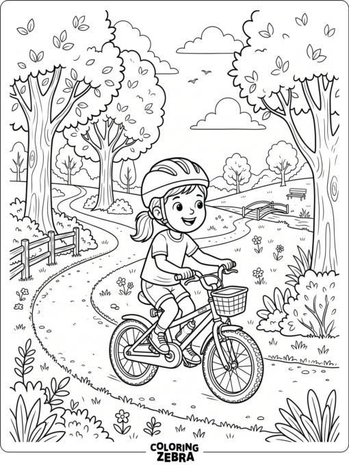 Child riding a bike along a park path