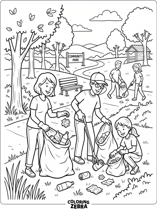 Volunteers collecting litter in a park