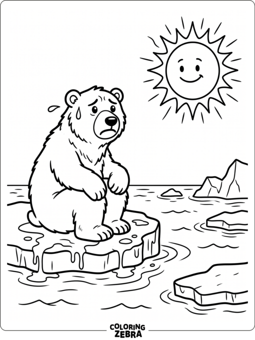 Melting ice with a polar bear and hot sun