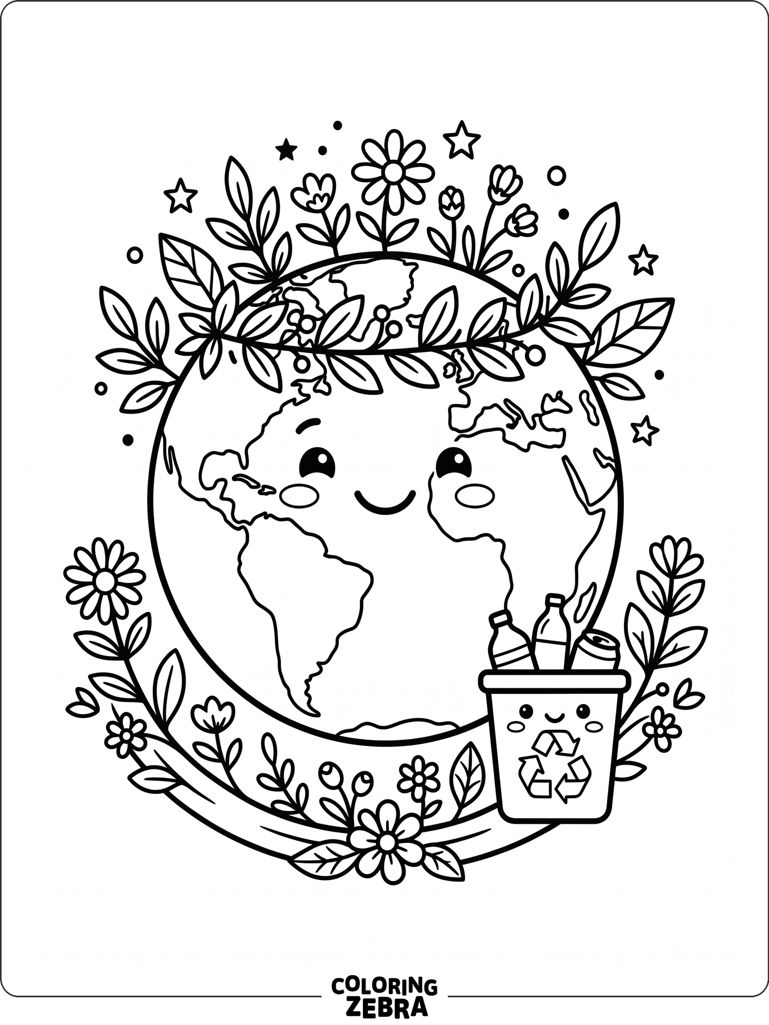 Smiling Earth with leaves and flowers