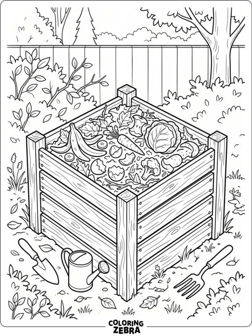 Kitchen scraps and leaves in a compost bin