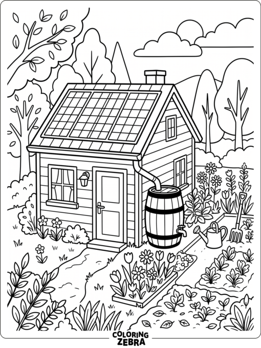 Eco friendly house with solar panels and a rain barrel