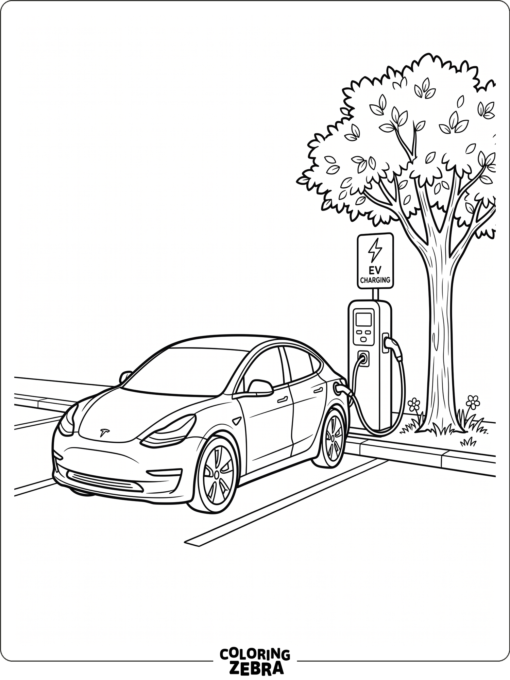 Electric car charging near a tree