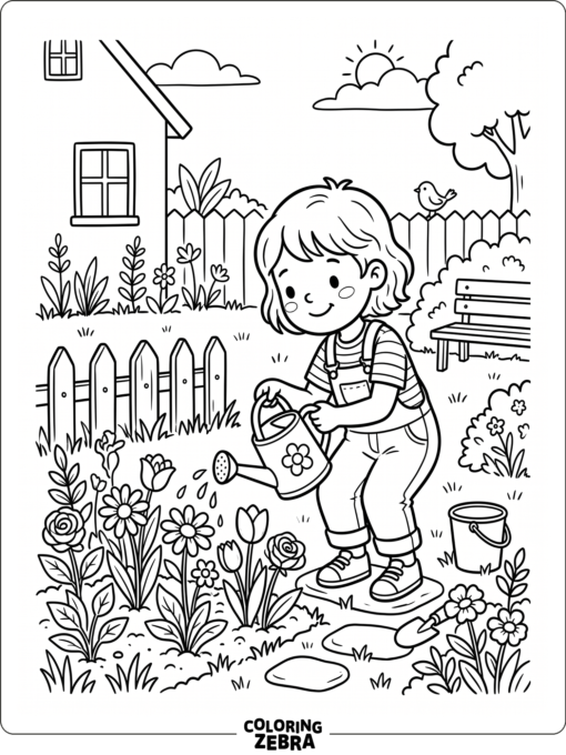 Child watering flowers in a simple garden