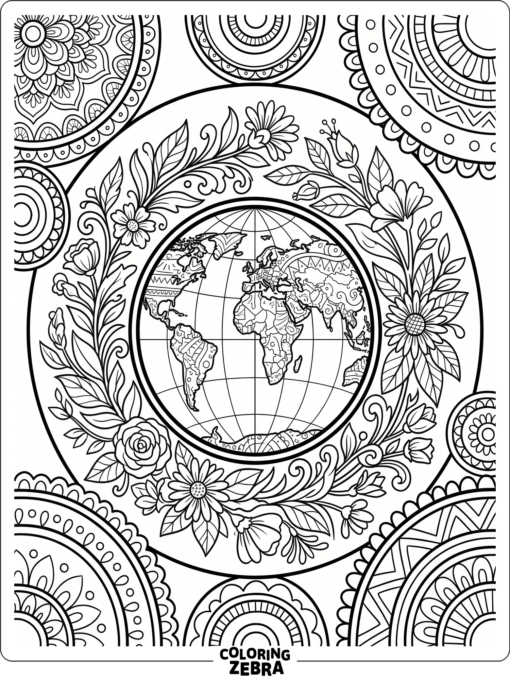 Earth With Floral Mandala Border