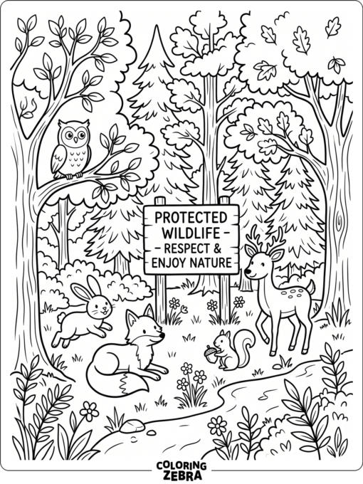 Forest animals near a protected wildlife sign